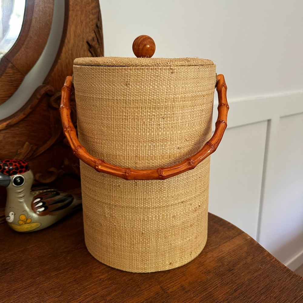 Vintage 70s Tiki Style Grass Cloth Ice Bucket